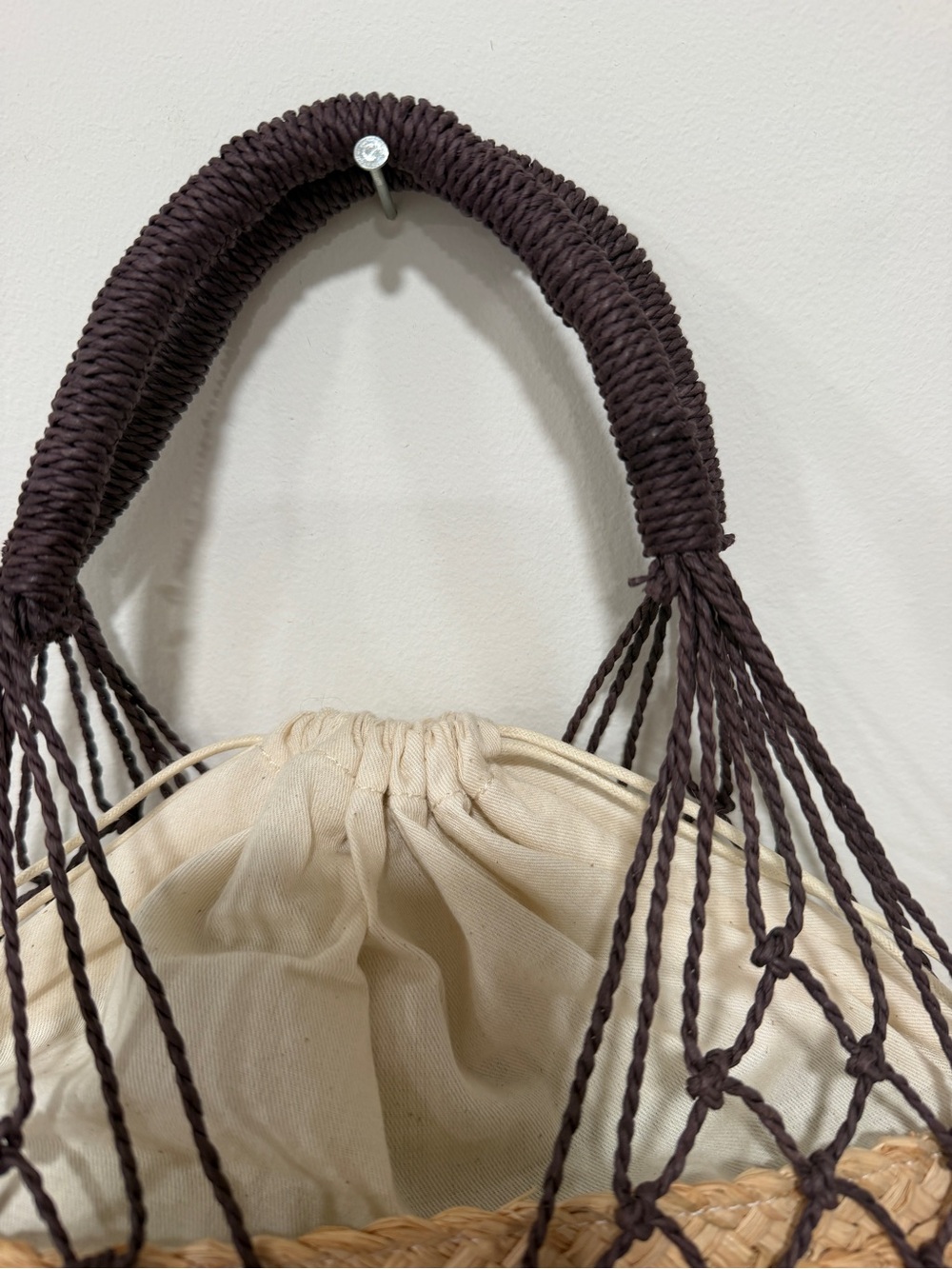 J. Crew Tan Straw Tote with Dark Brown Macramé Overlay - Picture 3 of 12